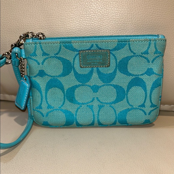 Coach Handbags - Coach Turquoise Signature Canvas Wristlet